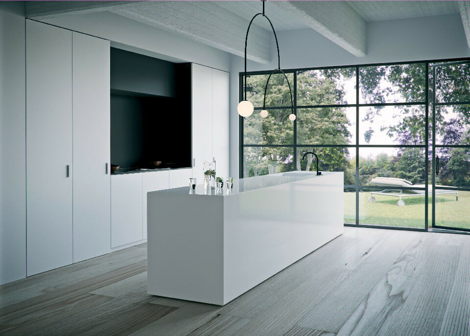 Modern One-wall kitchen with island in Caesarstone 1111 Vivid White