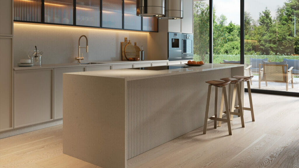 modern kitchen with beige quartz countertops