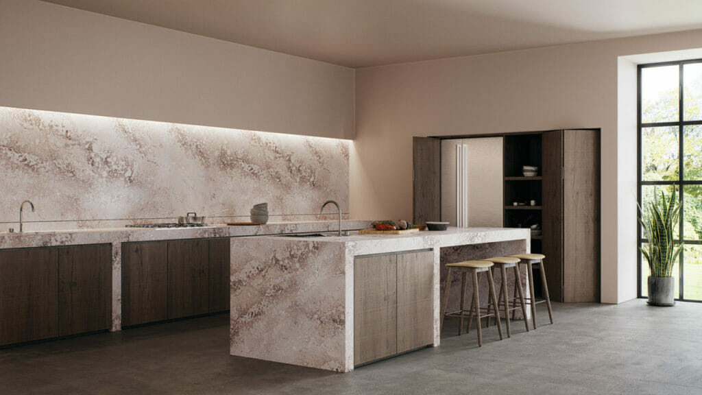 Modern L-Shape Kitchen with island in Caesarstone 4046 Excava Render|1686