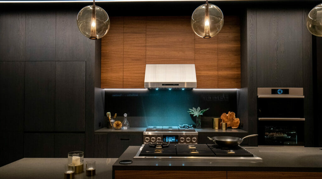 black kitchen with black countertops