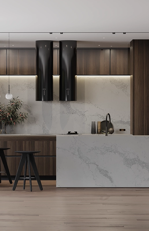 Modern kitchen with marble island, dark wood cabinets, black stools, and minimalist pendant lights.