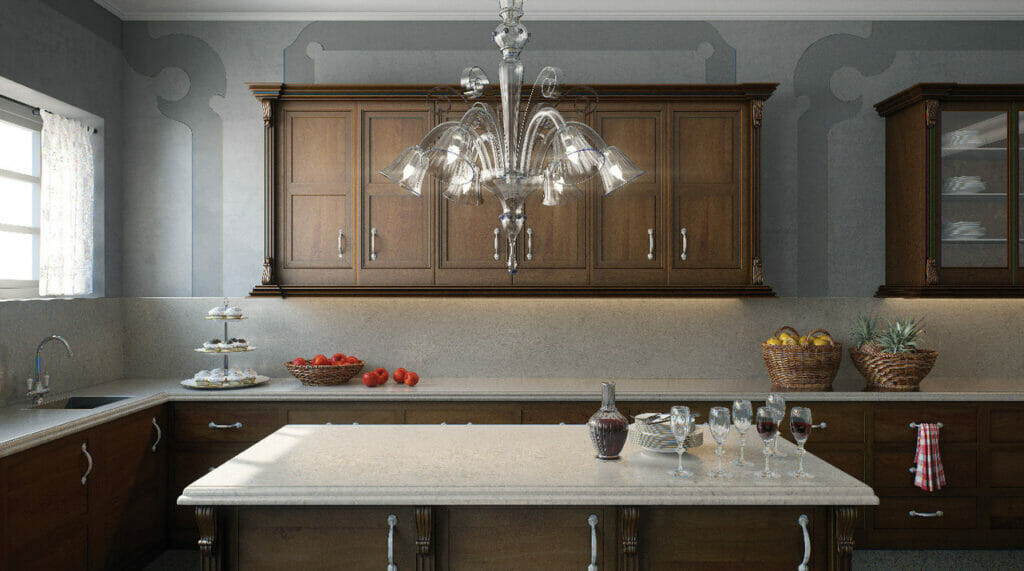 Traditional L-Shape kitchen with island in Caesarstone 6131 Bianco Drift | 1833