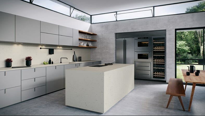 grey kitchen with speckled white island
