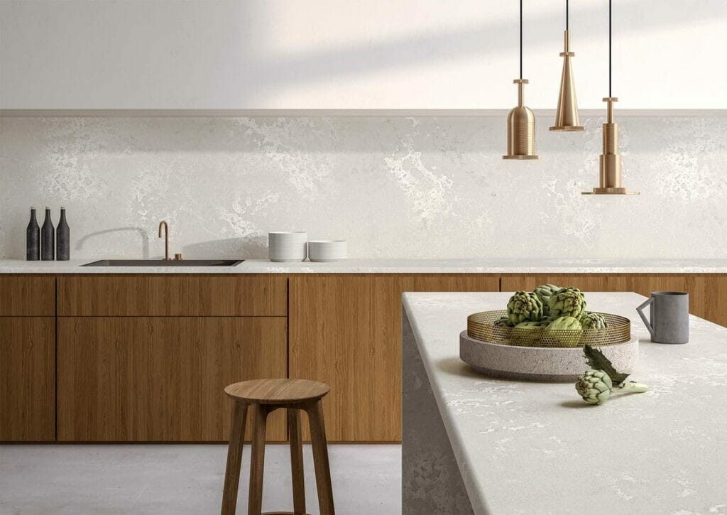 kitchen with grey quartz countertop island