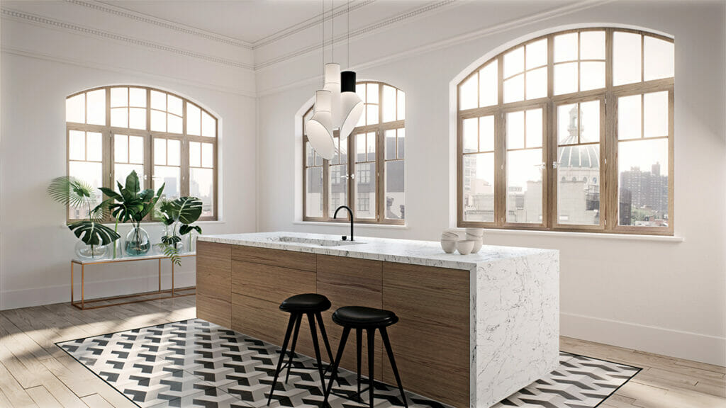 brown kitchen island with white quartz countertops