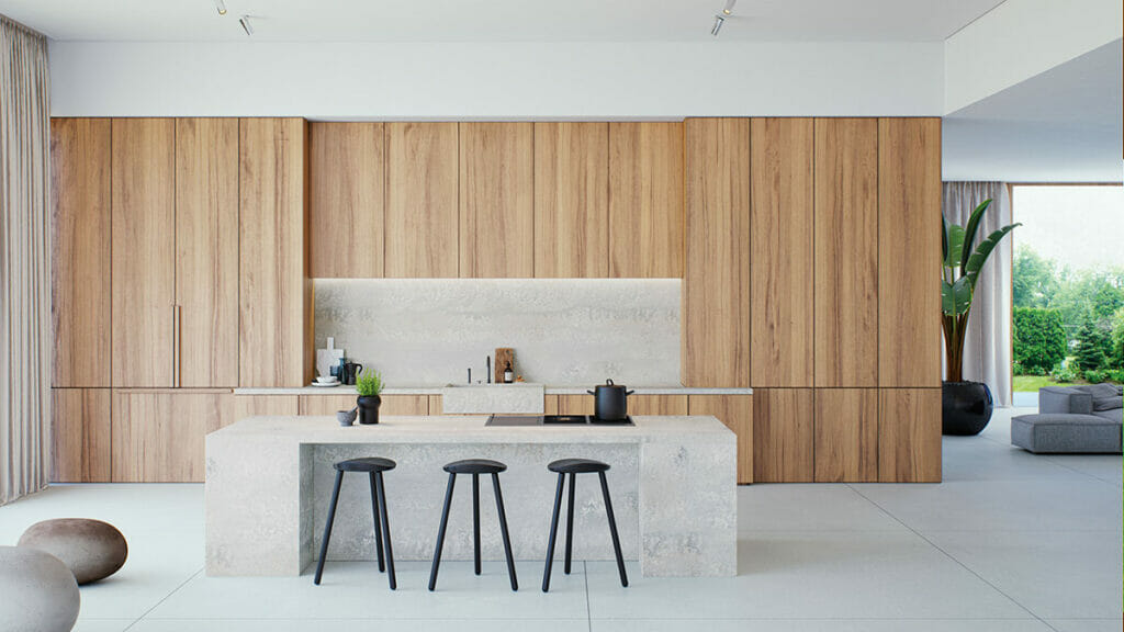 kitchen with grey backsplash and island