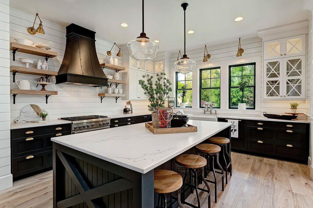 white kitchen countertop on blue cabinets