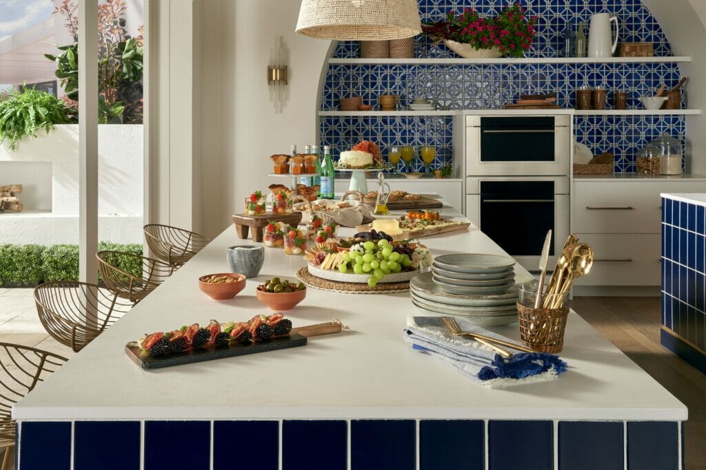 Blue kitchen island with Layalite counter