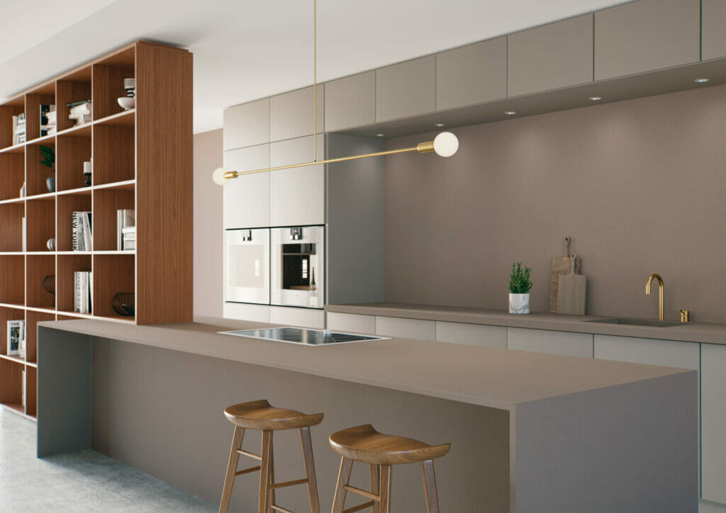 Grey kitchen with grey kitchen island and countertop 