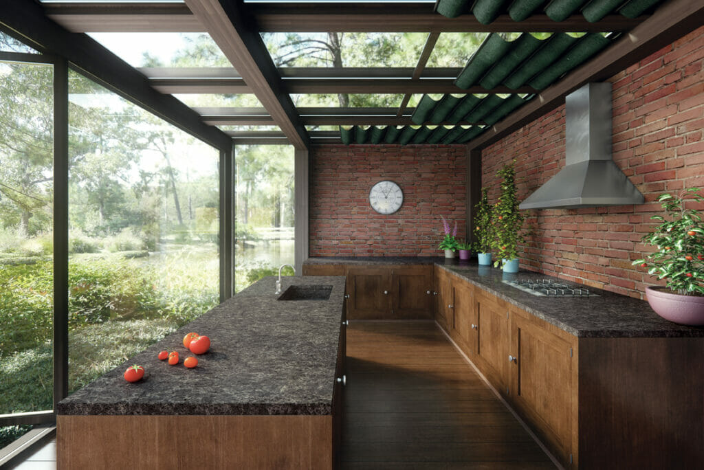 Kitchen with black island countertops 