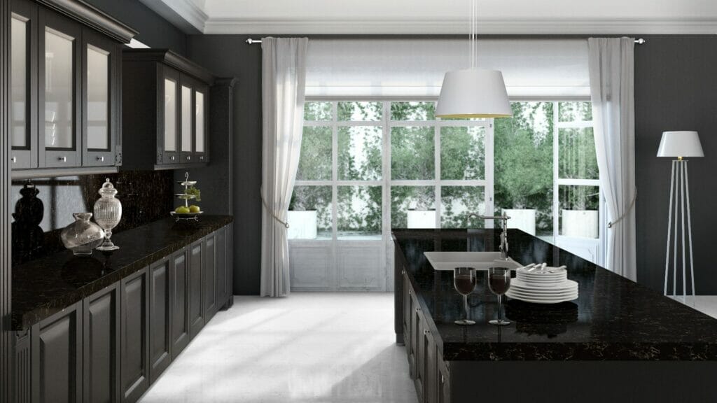 Dark chocolate kitchen island and backsplash 