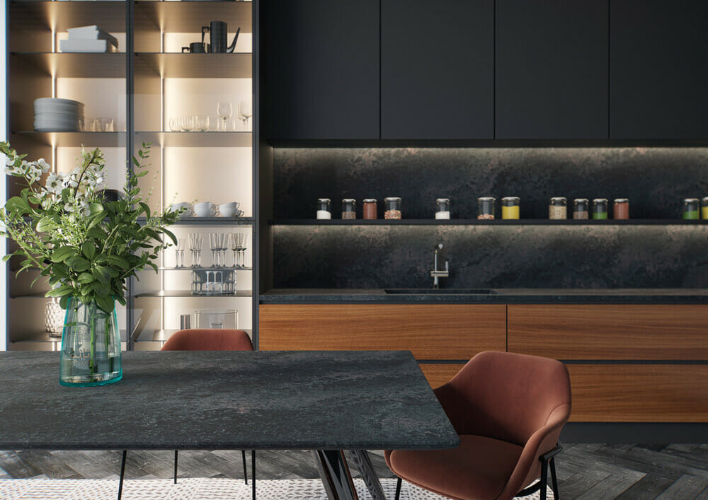 kitchen with black countertop and table