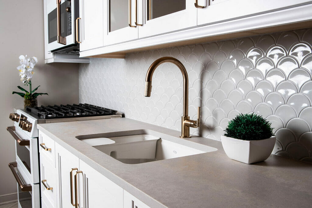 white kitchen with concrete countertop