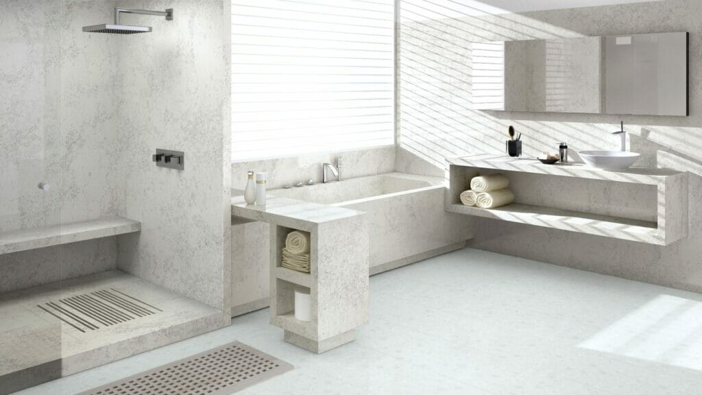 white bathroom with veined white surfaces