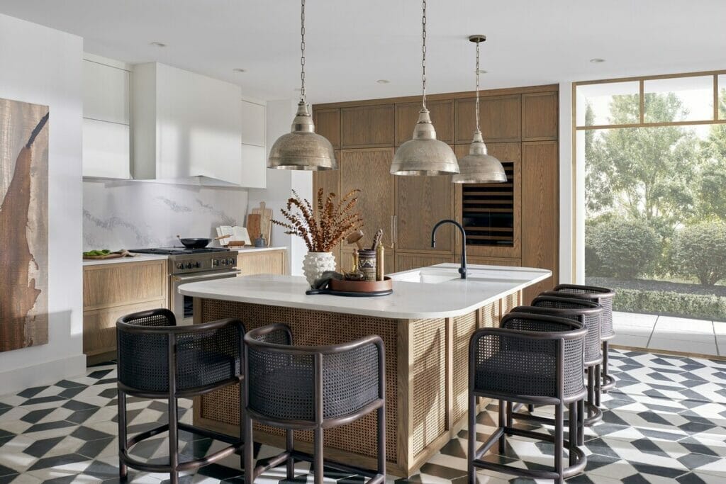 boho kitchen with white veined countertops