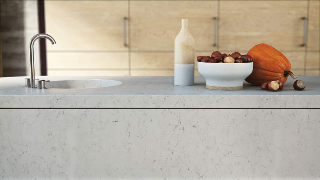 white veined kitchen island
