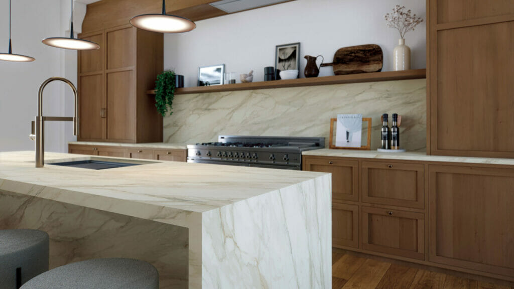 beige kitchen porcelain countertop island