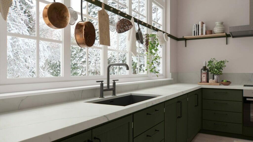 modern black kitchen with white porcelain countertops