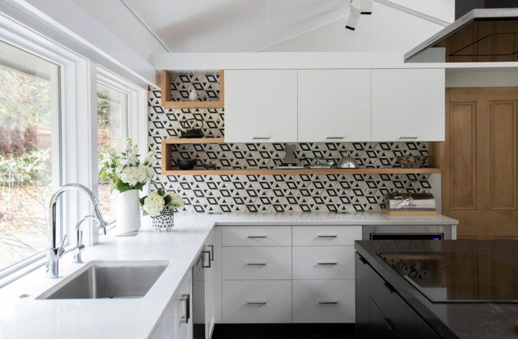colorful pattern backsplash ideas for white cabinets and white quartz countertops