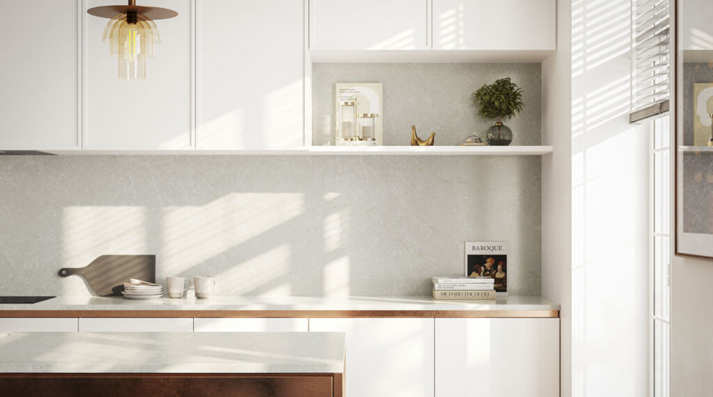Caesarstone brillianza backsplash ideas for white cabinets and white quartz countertops