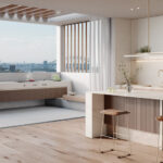 Sleet porcelain kitchen island in white and off-white with graphite-gray lines and golden-brown streaks