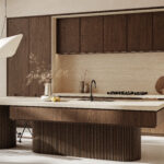 Travina porcelain kitchen island countertop with limestone-inspired light beige, white calcite accents, and ochre flecks