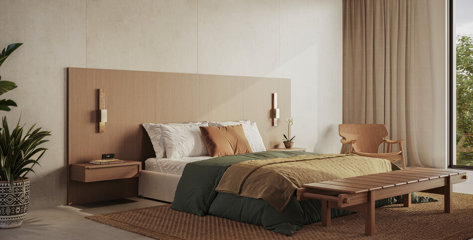 A porcelain wall in natural and neutral-toned warm concrete, in Ultra Rough finish, as part of a large master bedroom.