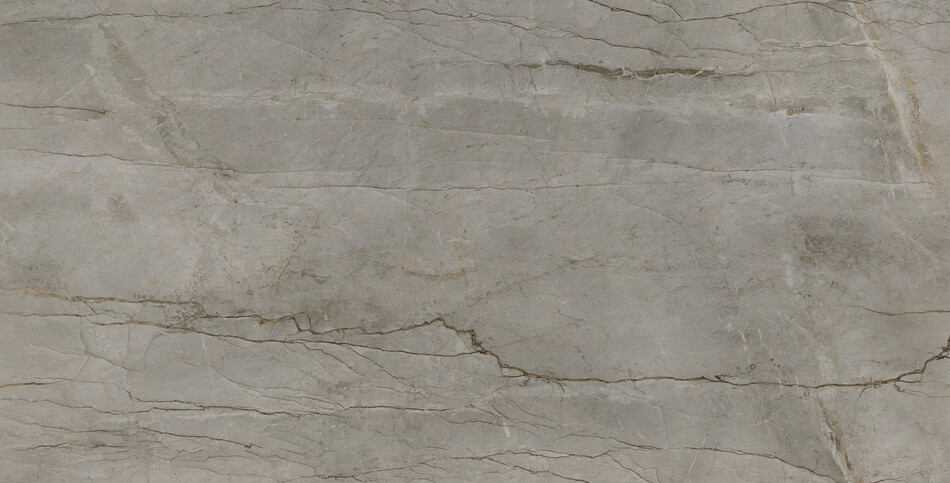 Smoky gray porcelain with chalky white streaks and burnt orange marking.